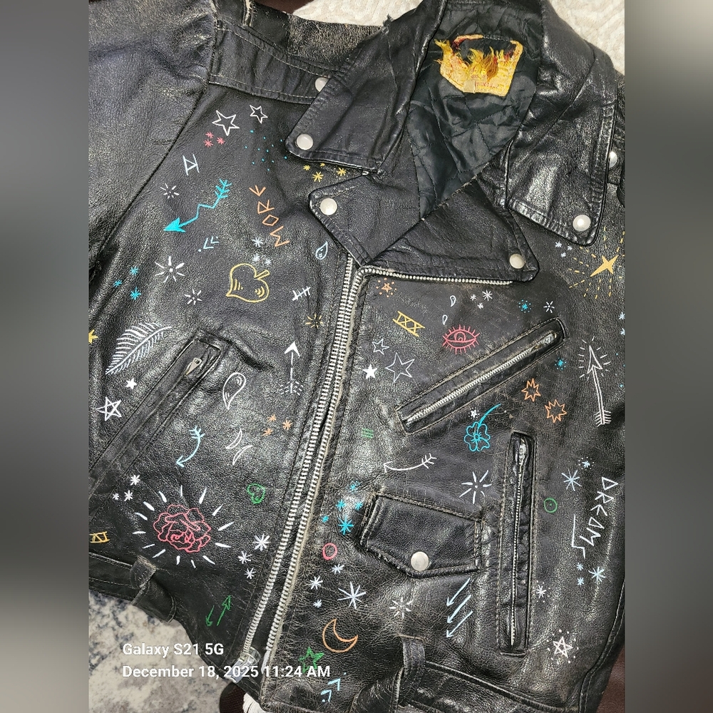 Urban Outfitters Black Leather Jacket with Colorful Artistic Accents - Picture 3 of 11